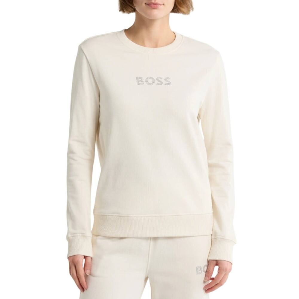 BOSS Orange Women Ivory Cotton Embellished Logo Crewneck Sweatshirt Size M